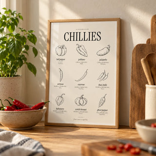 Scoville Scale Print, a small A4 framed print leaning on an oak worktop in a kitchen