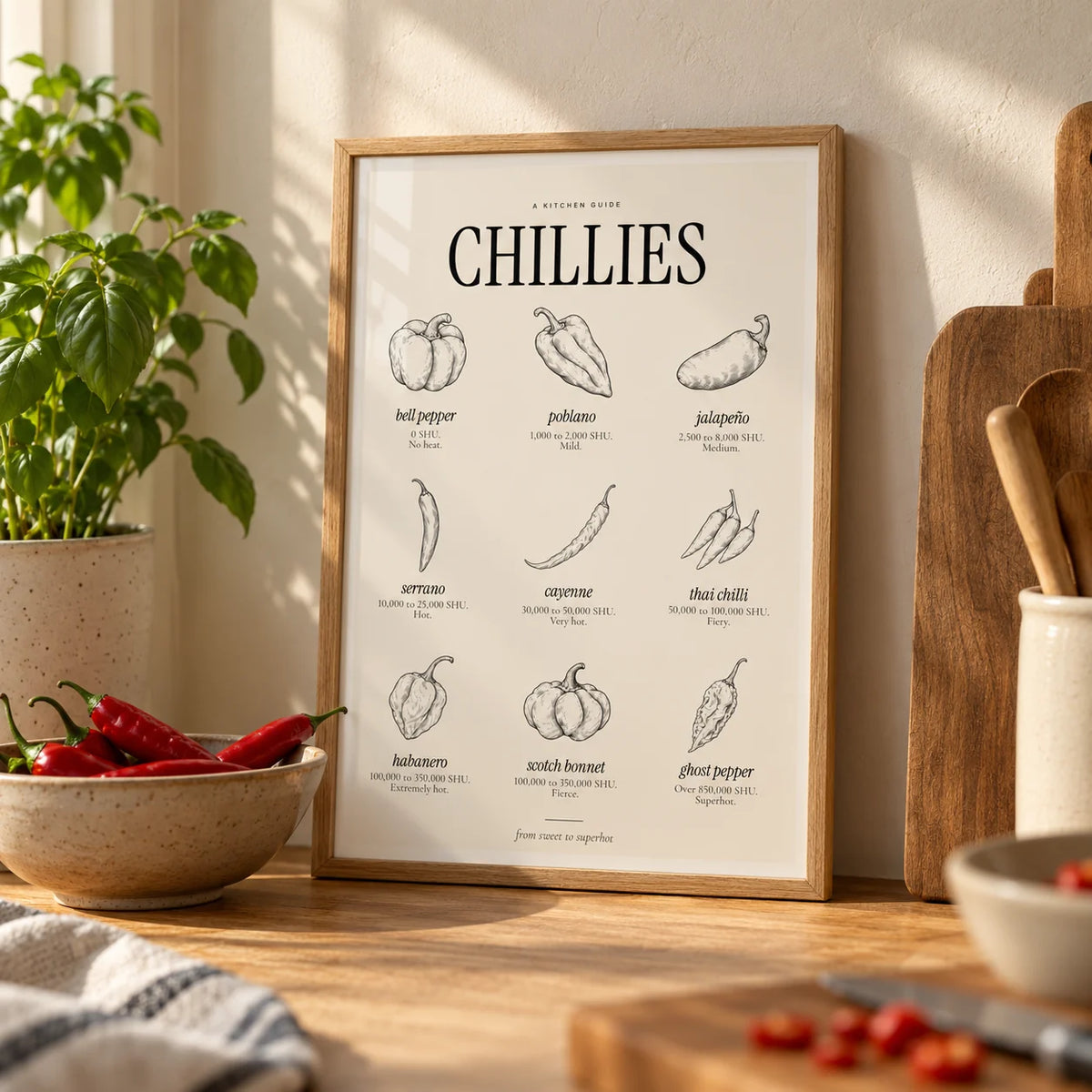 Scoville Scale Print, a small A4 framed print leaning on an oak worktop in a kitchen