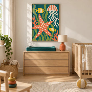 Sea Creatures Print, framed on the wall of a bright modern nursery in a UK family home with warm white walls and pale oak flooring