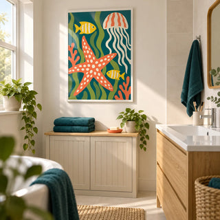 Sea Creatures Print, framed on the wall of a cheerful modern family bathroom in a UK home with warm white walls