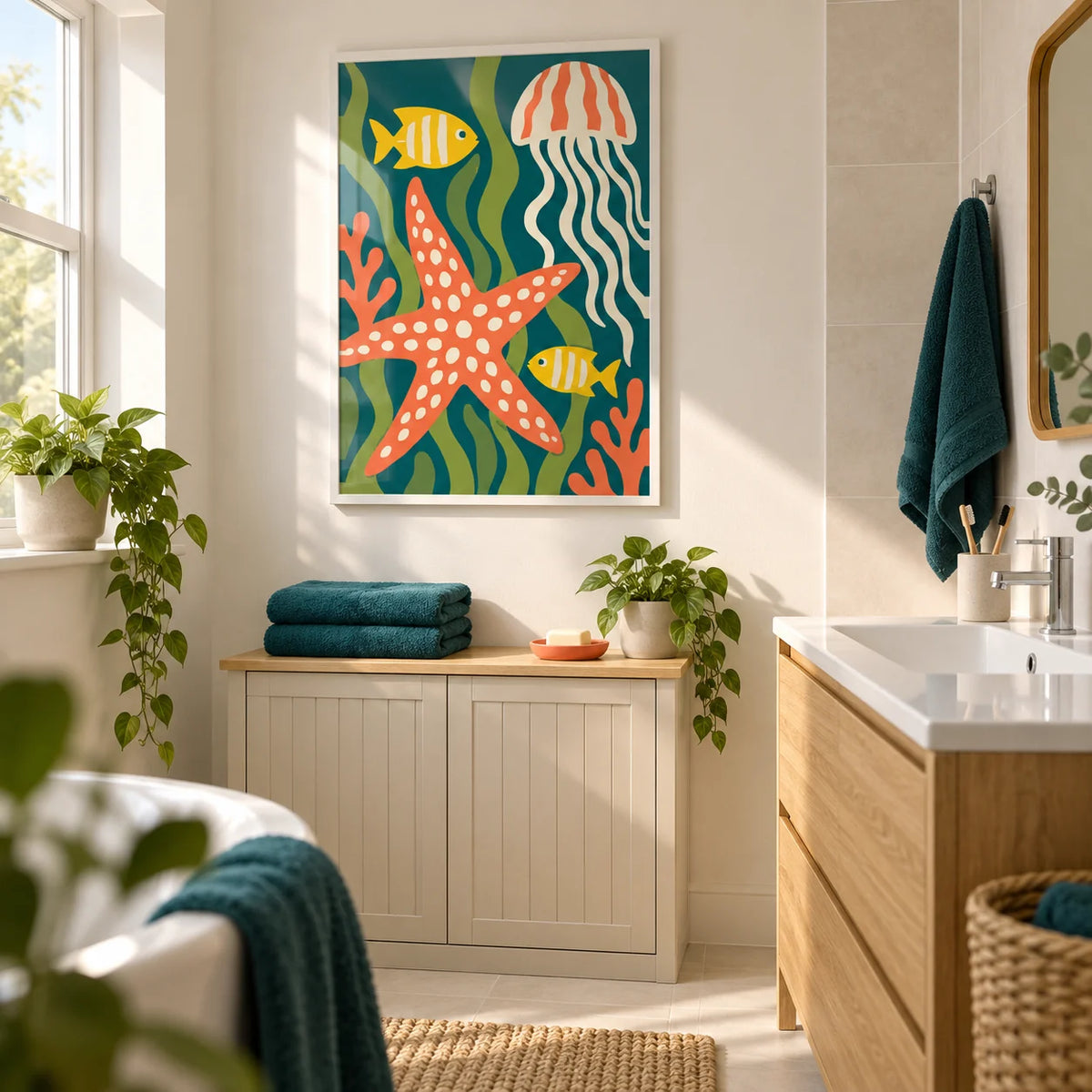 Sea Creatures Print, framed on the wall of a cheerful modern family bathroom in a UK home with warm white walls