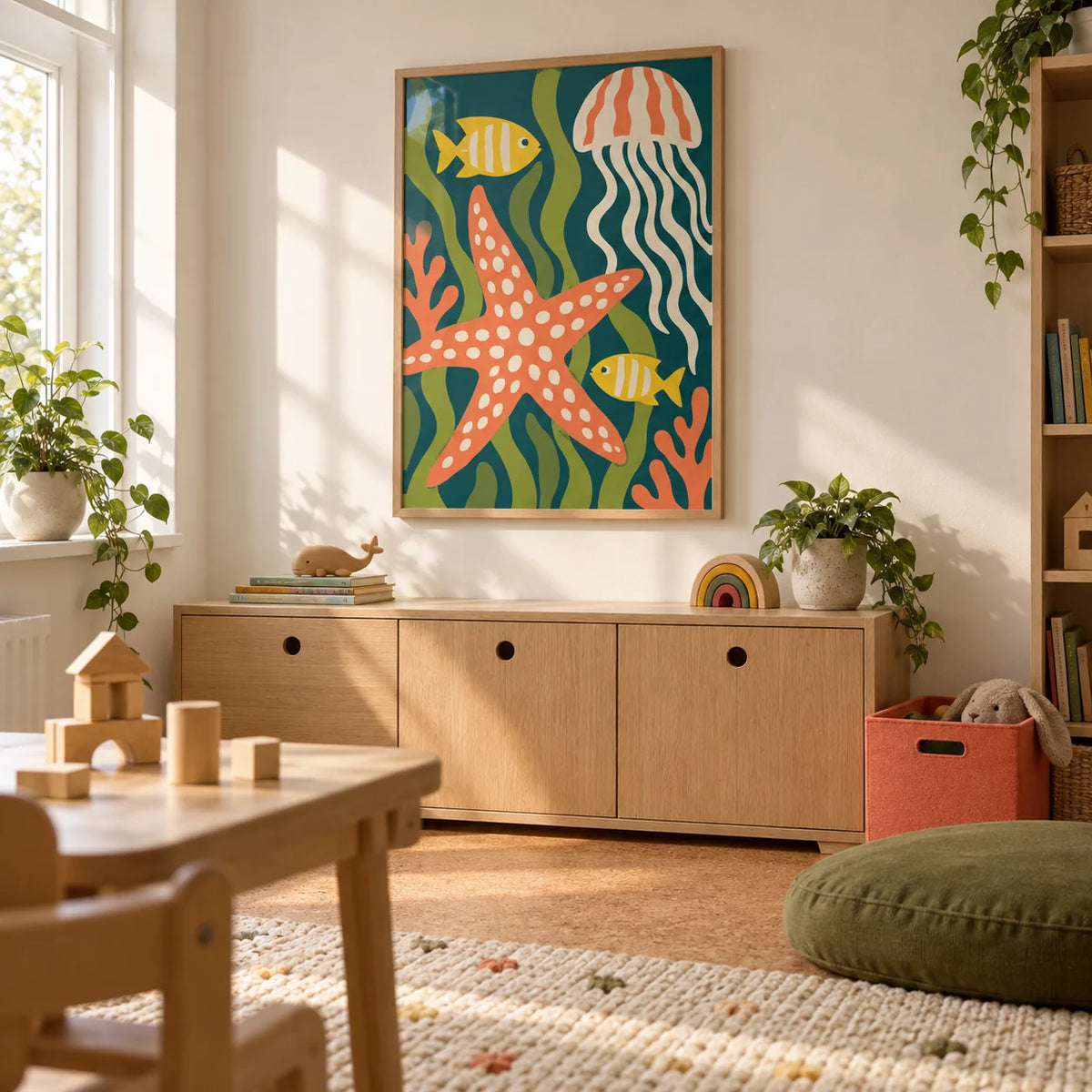 Sea Creatures Print, framed on the wall of a light contemporary playroom in a UK terraced house with cream walls and a cork floor