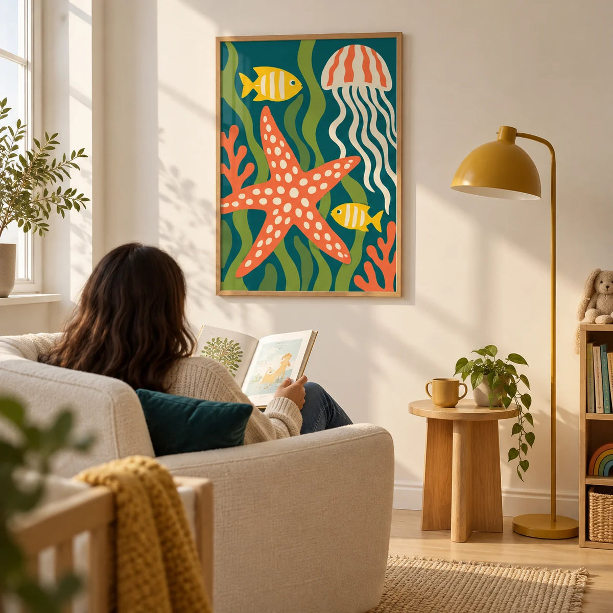Sea Creatures Print, framed on the wall of a modern nursery reading corner with a warm white wall and pale timber floor