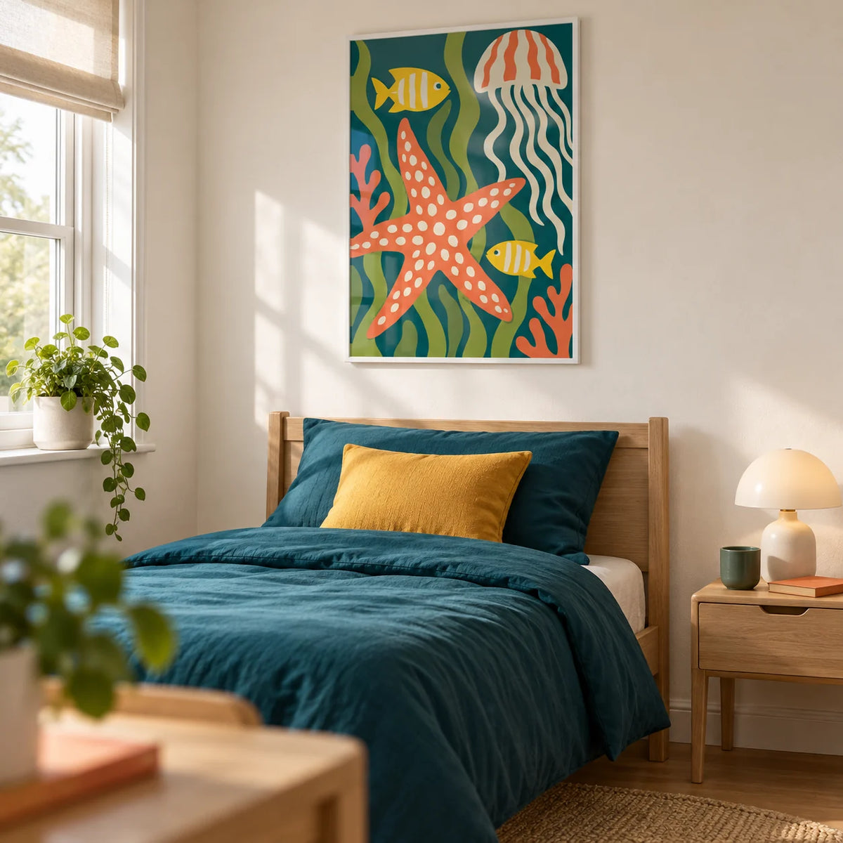 Sea Creatures Print, framed on the wall of a playful modern single bedroom in a UK family home with a warm white wall and simple oak furniture