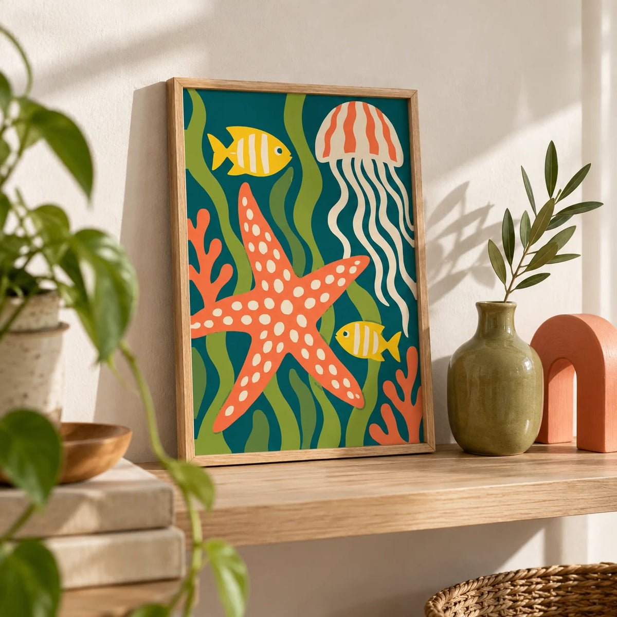 Sea Creatures Print, a small A4 framed print leaning on a pale oak shelf in a living room