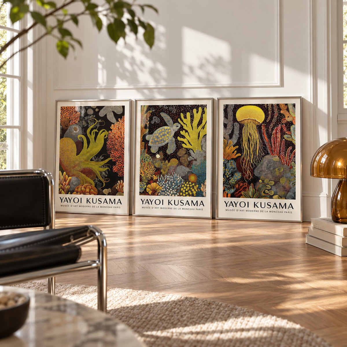Sea Life Prints Set of 3 styled leaning in a white corner next to a black leather sling chair and an amber lamp: Golden Tentacle, Turtle Drift and Luminous Drift shown framed side by side (frames not included)