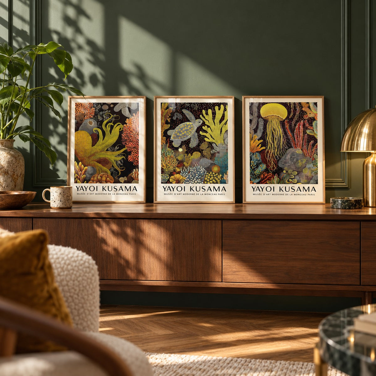Sea Life Prints Set of 3 styled as small A4 prints on a shelf, to show the gift size: Golden Tentacle, Turtle Drift and Luminous Drift shown framed side by side (frames not included)