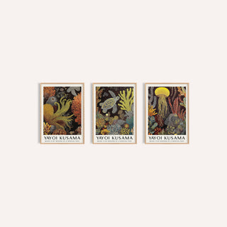 Sea Life Prints Set of 3: Golden Tentacle, Turtle Drift and Luminous Drift side by side, three separate unframed prints