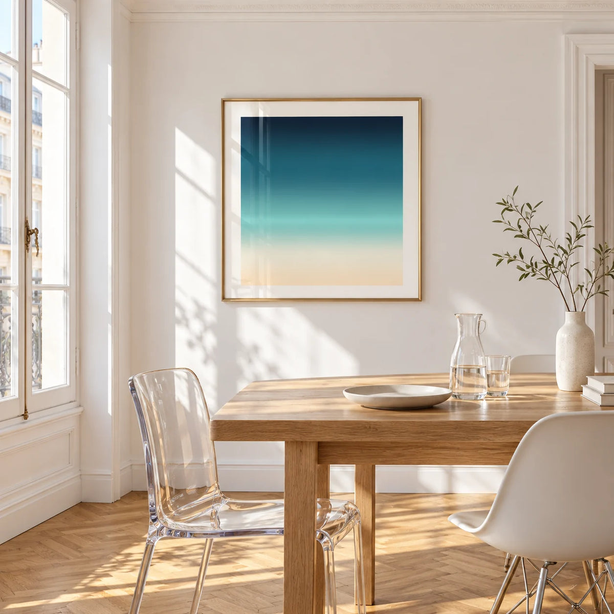 Sea Print, framed on the wall of a bright dining corner