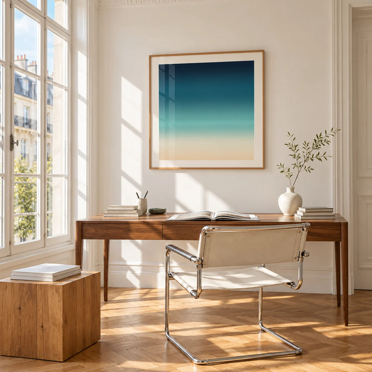 Sea Print, framed on the wall of a bright study corner with a tall white paned window
