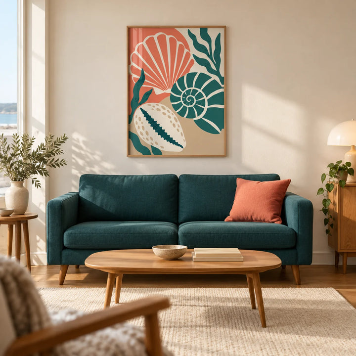 Seashell Wall Art, framed on the wall of a mid-century living room in a UK seaside flat with warm cream walls and an oak floor