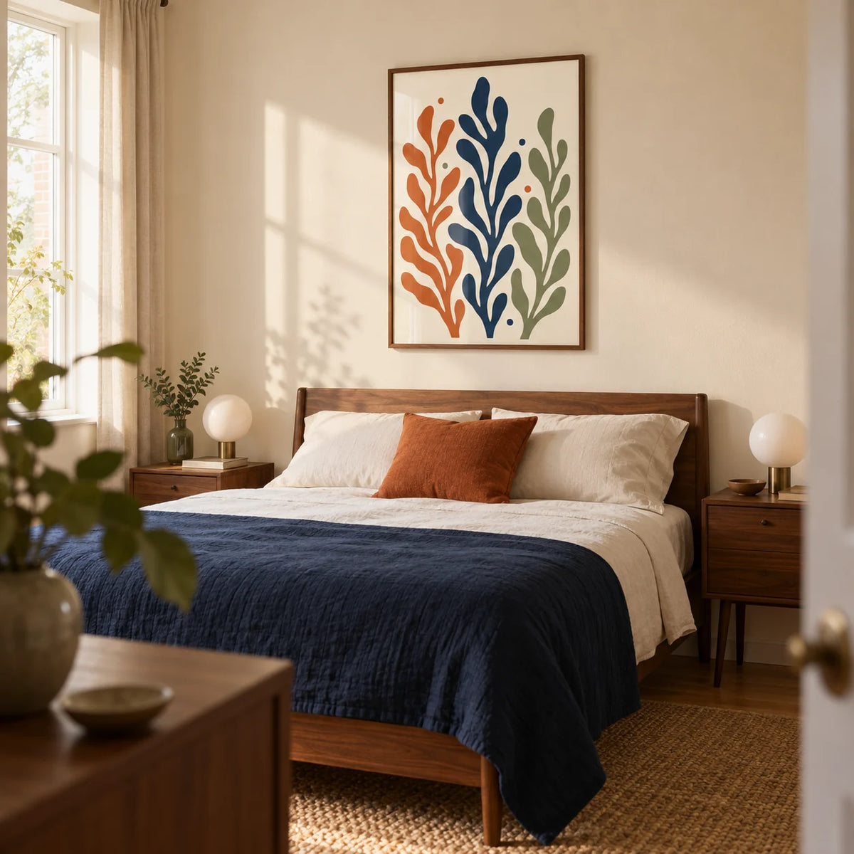 Seaweed Print, framed on the wall of a calm mid-century bedroom in a UK house with a warm cream wall