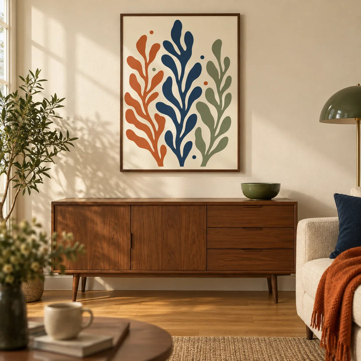 Seaweed Print, framed on the wall of a mid-century living room in a UK flat with warm cream walls and an oak floor
