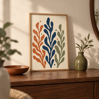 Seaweed Print, a small A4 framed print leaning on a walnut hallway side table