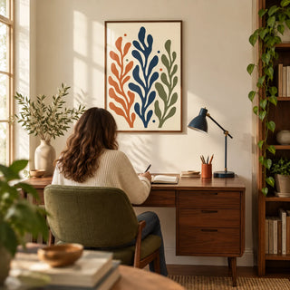 Seaweed Print, framed on the wall of a warm mid-century home study with cream walls and a walnut writing desk