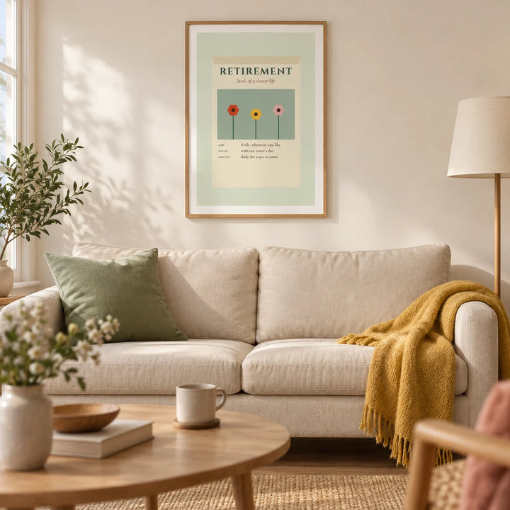 Seed Packet Poster, framed on the wall of a light modern living room in a UK semi-detached home with warm white walls and an oak floor