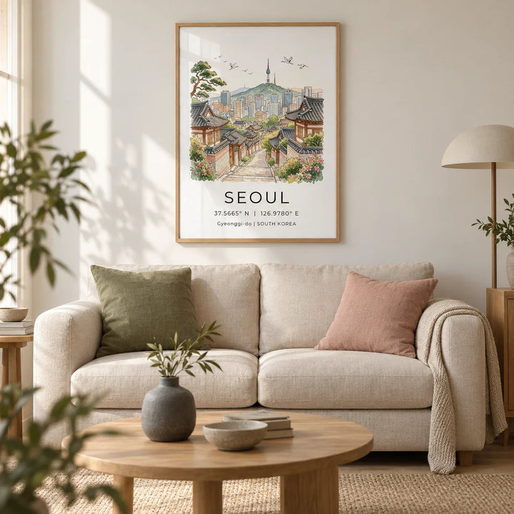 Seoul Landscape Art Print, framed on the wall of a calm Japandi living room in a UK city flat with warm white walls and a pale oak floor