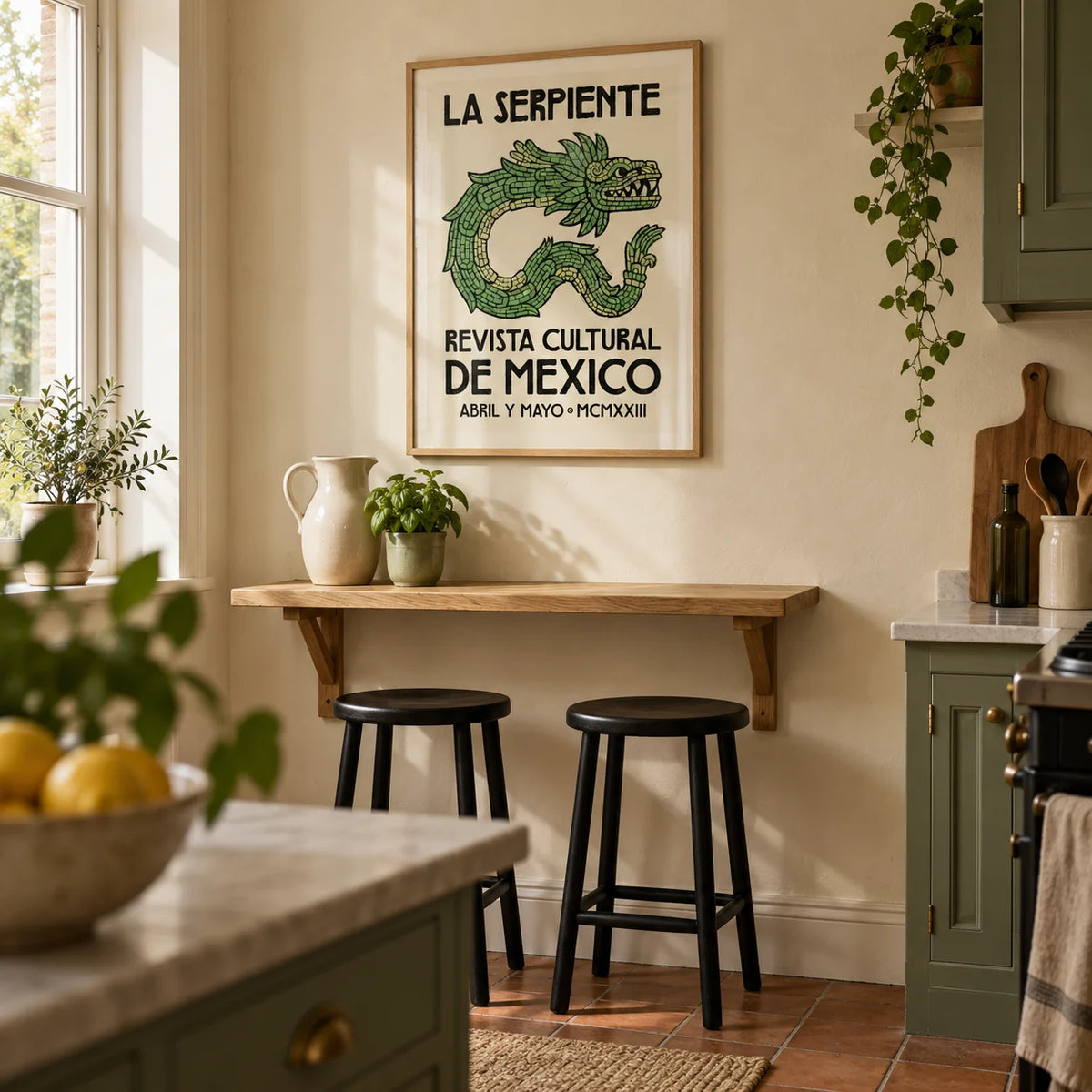 Serpent Cultural Art Print, framed on the wall of a compact characterful kitchen in a UK Victorian terrace with muted green cabinets