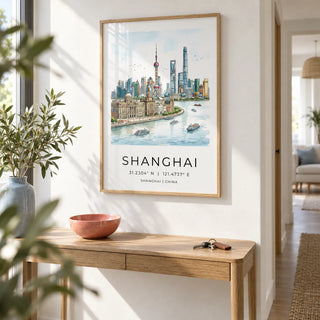 Shanghai City Art Print, framed on the wall of a bright hallway with a white wall