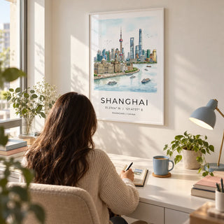 Shanghai City Art Print, framed on the wall of a calm home office with a warm white wall