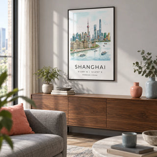 Shanghai City Art Print, framed on the wall of a modern city-flat living room with a pale grey wall