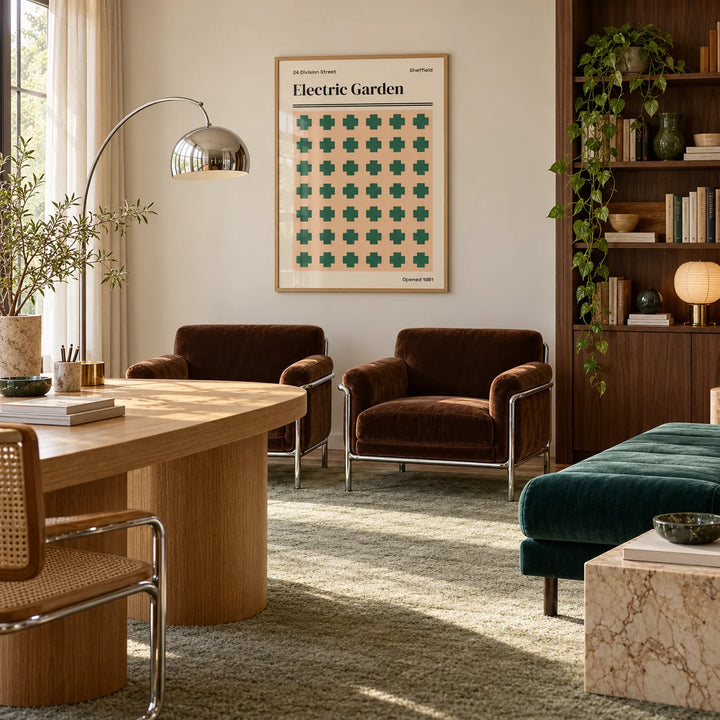 Sheffield Print, framed on the wall of a calm design studio office with a pale wall