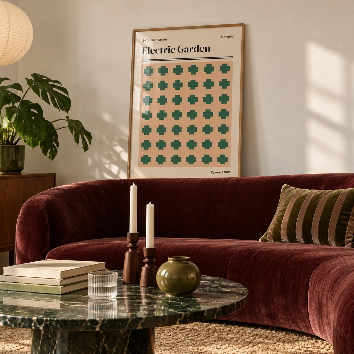 Sheffield Print, framed on the wall of a calm living room with a warm white wall