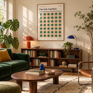 Sheffield Print, framed on the wall of a warm mid-century living room