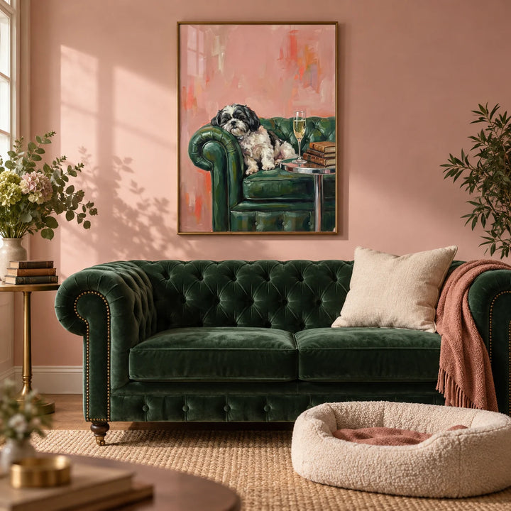 Shih Tzu Dog Print, framed on the wall of an elegant living room with a blush pink painted wall