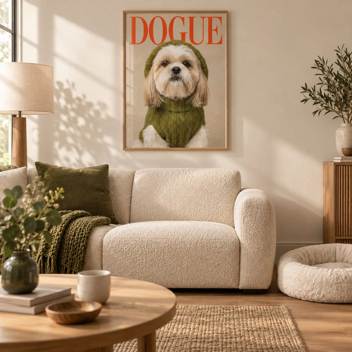 Shih Tzu Wall Print, framed on the wall of a warm modern living room with a soft beige wall and a light oak floor