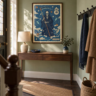 Shinigami Art, framed on the wall of a characterful entrance hallway in a renovated UK terrace with pale green walls and dark wood flooring