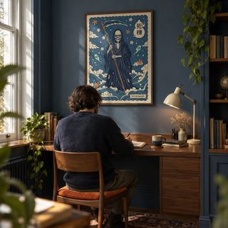 Shinigami Art, framed on the wall of a compact home study in a Victorian terrace with a muted blue wall and a built-in walnut desk