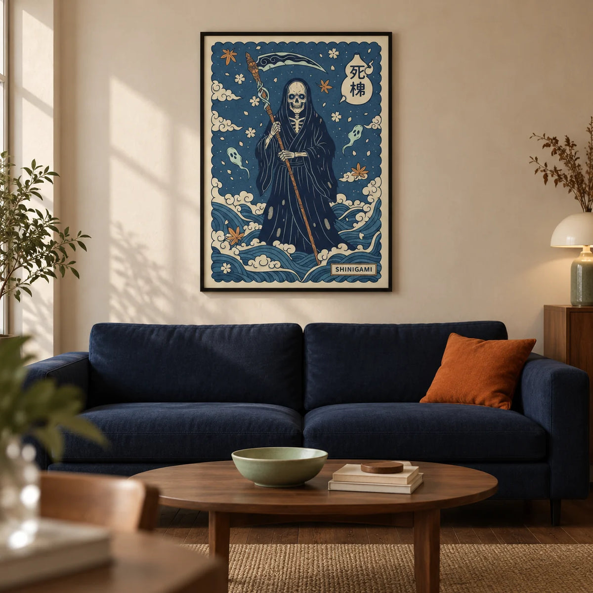 Shinigami Art, framed on the wall of a design-led living room in a UK city flat with warm cream plaster walls and dark oak floorboards