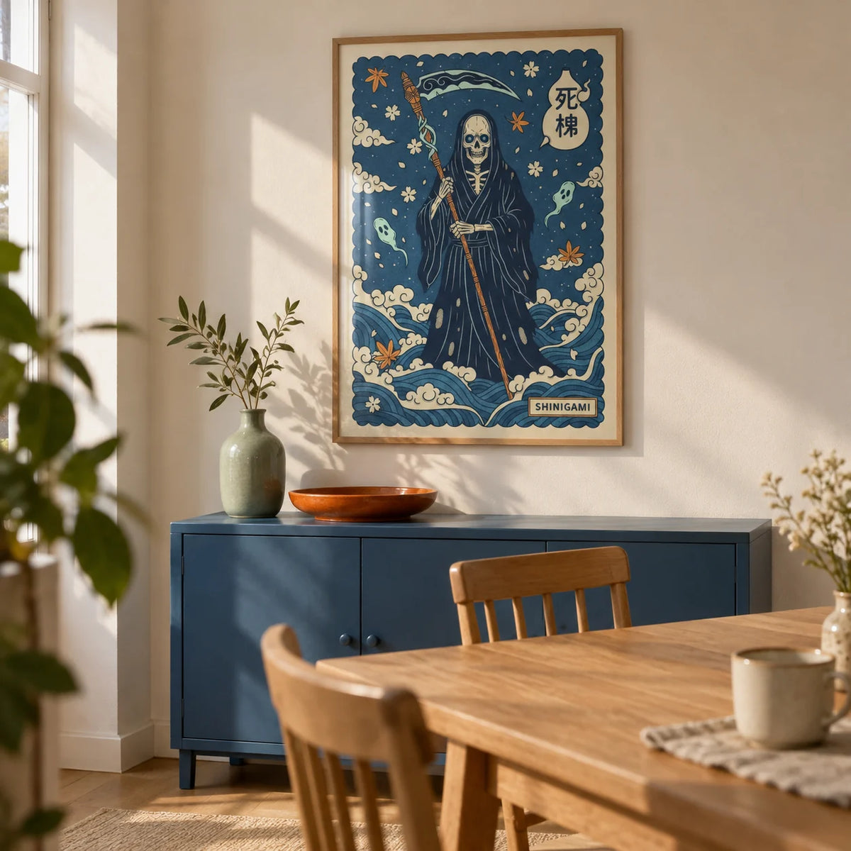 Shinigami Art, framed on the wall of a modern dining nook in a first flat for a folklore-art collector aged 22-30