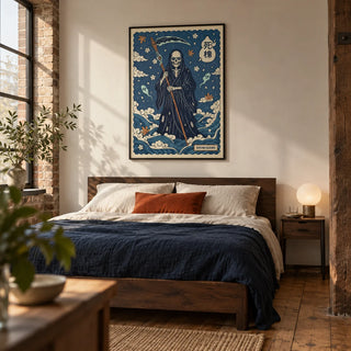 Shinigami Art, framed on the wall of a restrained adult bedroom in a UK warehouse conversion with a warm off-white wall and exposed timber floorboards