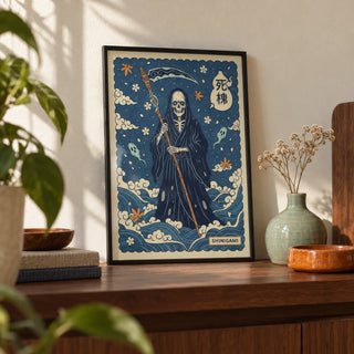 Shinigami Art, a small A4 framed print leaning on a walnut shelf in a living room