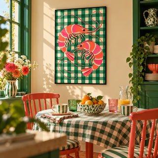 Shrimp Poster, framed on the wall of a bright breakfast nook in a kitchen