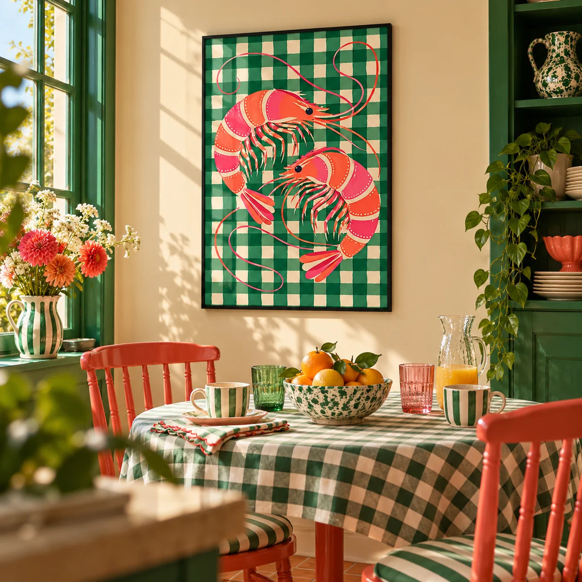 Shrimp Poster, framed on the wall of a bright breakfast nook in a kitchen