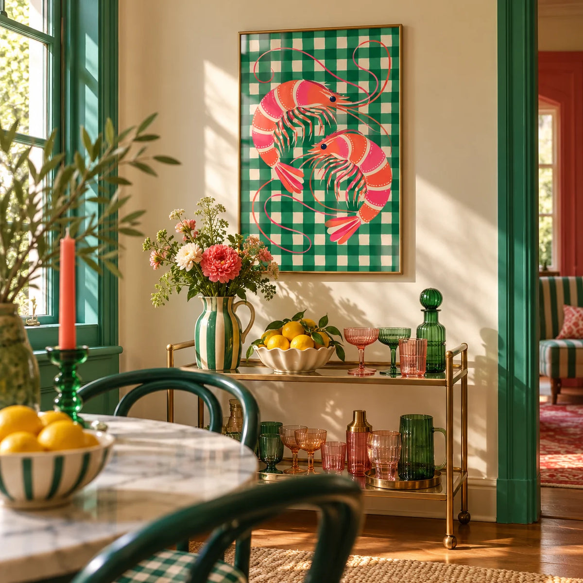 Shrimp Poster, framed on the wall of a colourful dining corner