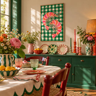 Shrimp Poster, framed on the wall of a maximalist dining room