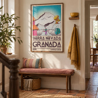 Sierra Nevada Art Print, framed on the wall of a characterful hallway in a renovated UK terrace with pale cream plaster walls and terracotta floor tiles