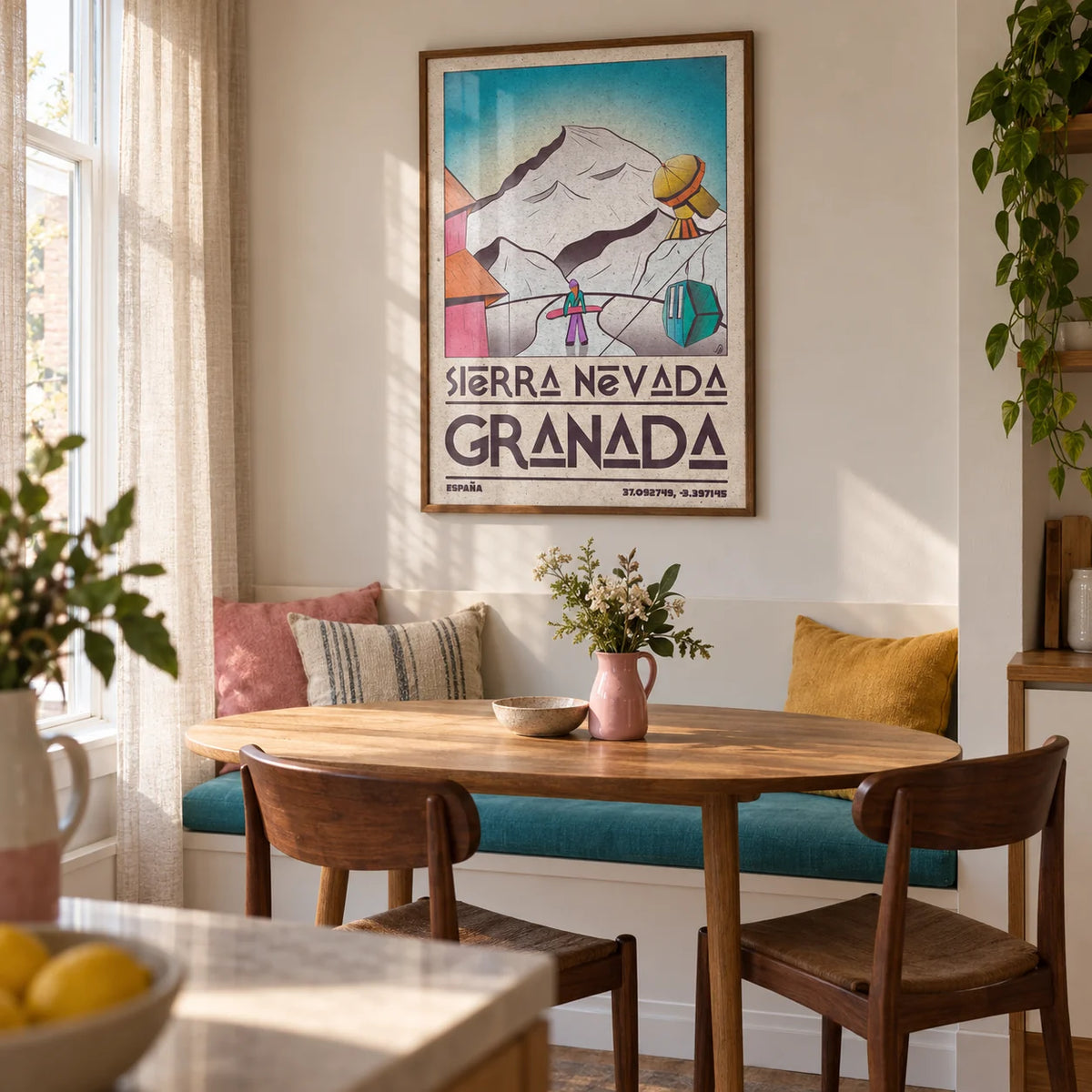 Sierra Nevada Art Print, framed on the wall of a compact dining nook in a UK first home with a warm white wall and a built-in bench