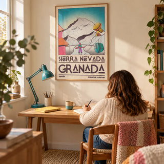 Sierra Nevada Art Print, framed on the wall of a relaxed home study for a travel enthusiast with a warm cream wall and a plain woven rug