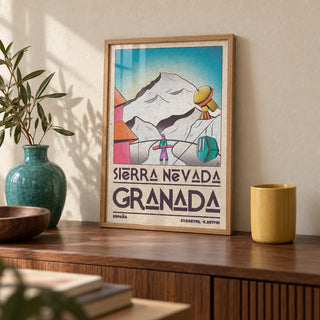 Sierra Nevada Art Print, a small A4 framed print leaning on a walnut sideboard in a living room