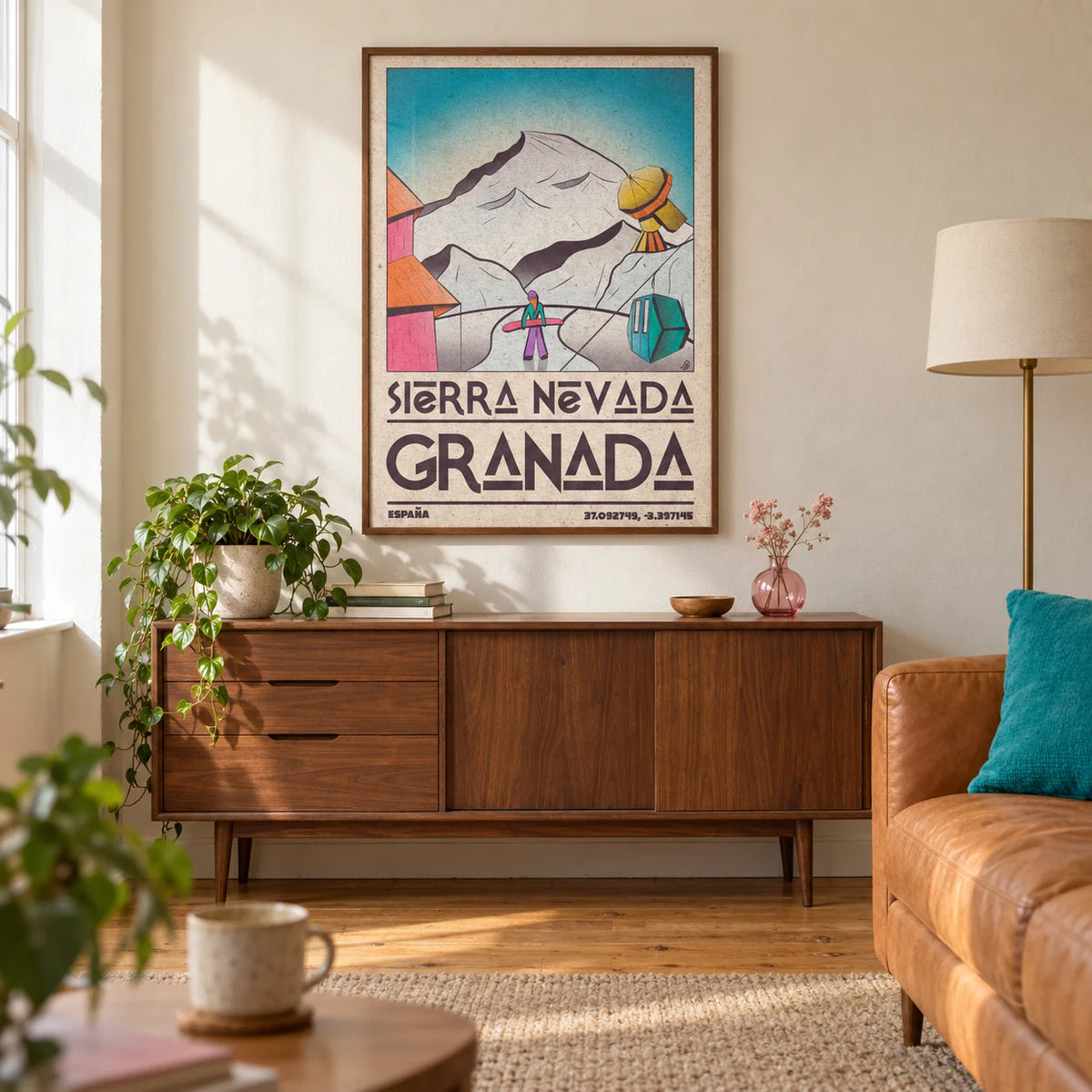 Sierra Nevada Art Print, framed on the wall of a warm retro living room in a UK terrace with a cream plaster wall and honey coloured floorboards