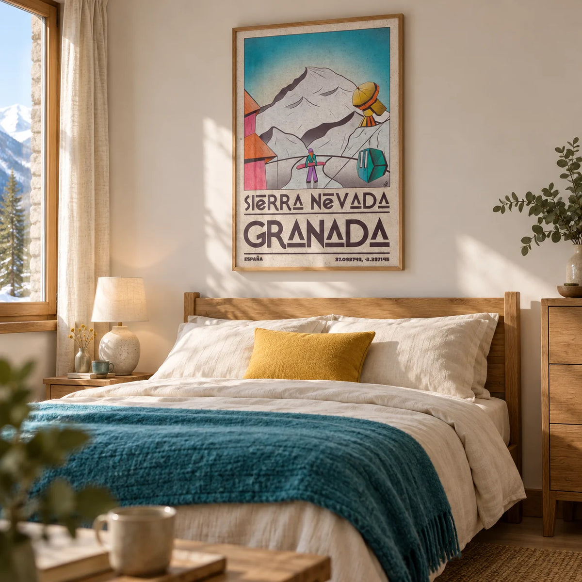 Sierra Nevada Art Print, framed on the wall of a welcoming bedroom in a mountain holiday lover's UK home with a warm off-white wall and oak furniture