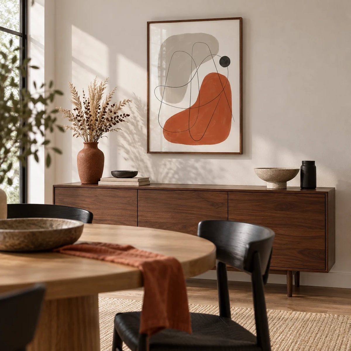 Simple Abstract Art, framed on the wall of a modern dining room