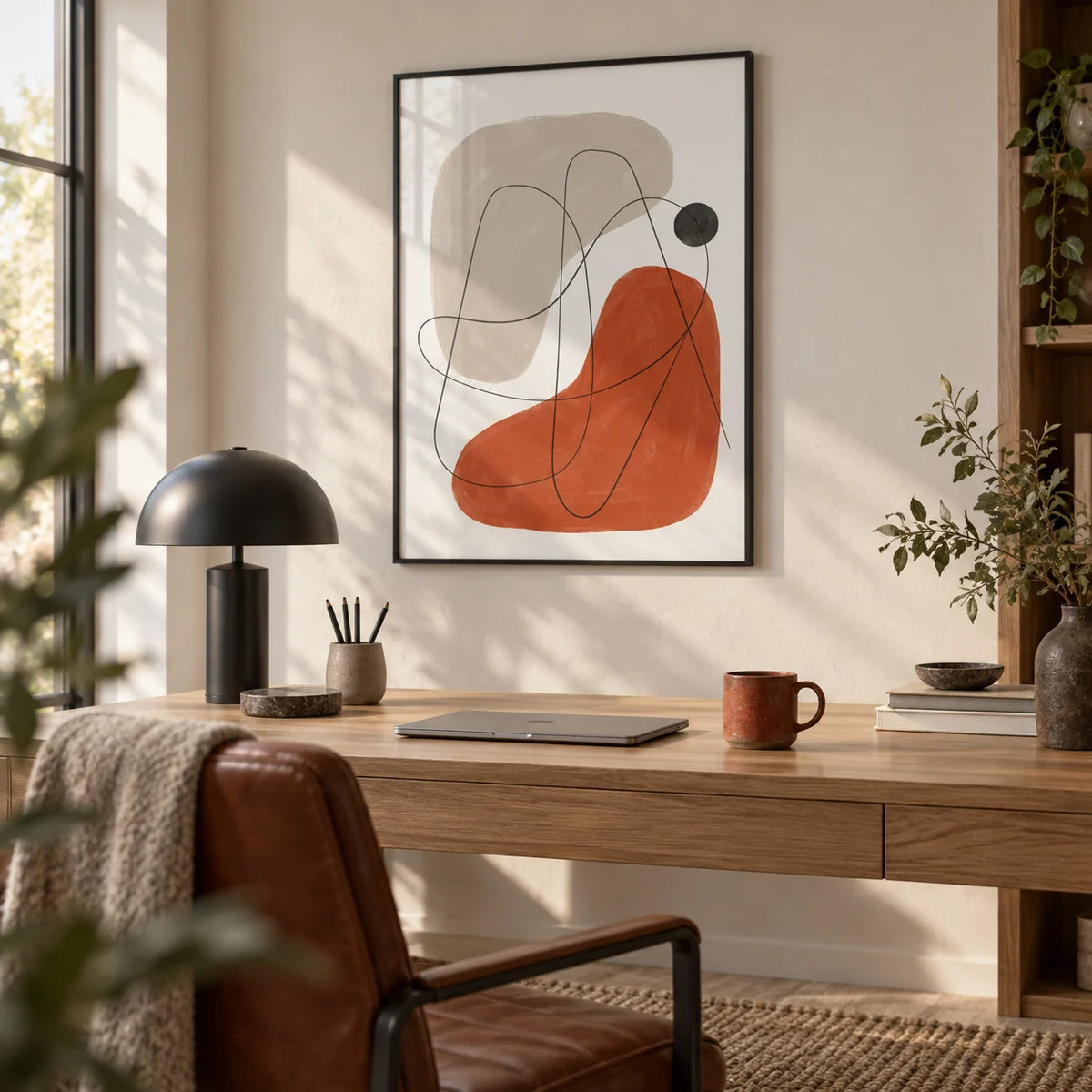 Simple Abstract Art, framed on the wall of a stylish home office