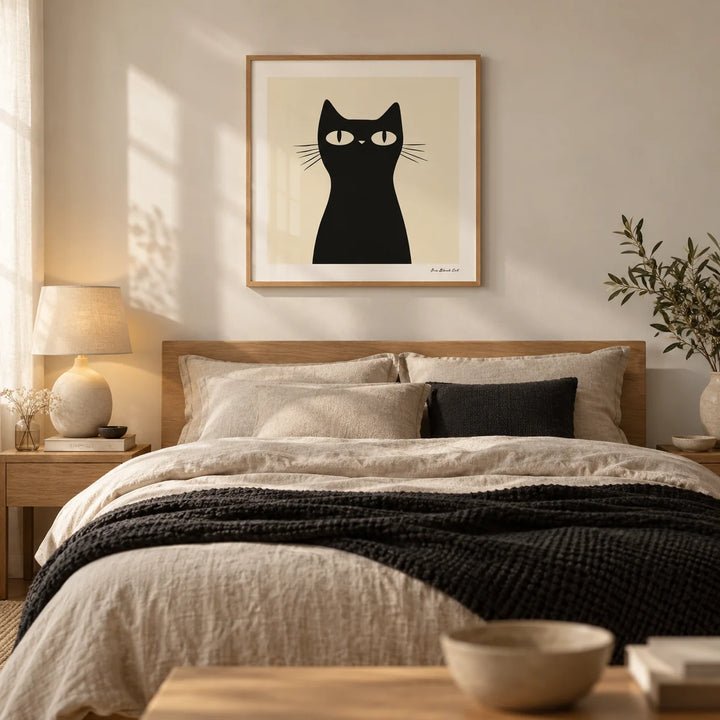 Simple Black Cat Art, framed on the wall of a calm bedroom