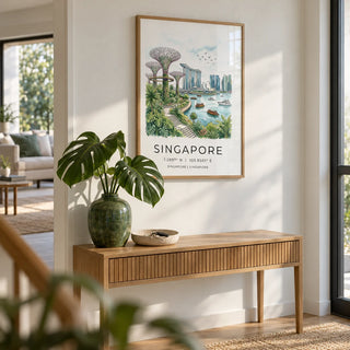 Singapore City Landscape Art, framed on the wall of a bright hallway